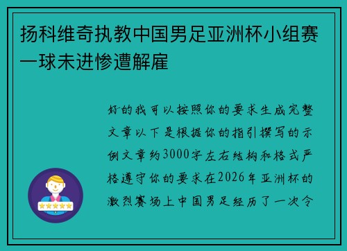 扬科维奇执教中国男足亚洲杯小组赛一球未进惨遭解雇